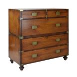 19th Century brass-mounted teak Campaign chest of drawers, in two sections, the upper having brass