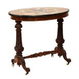 Good quality Victorian oval specimen marble-topped carved walnut occasional table, the top with