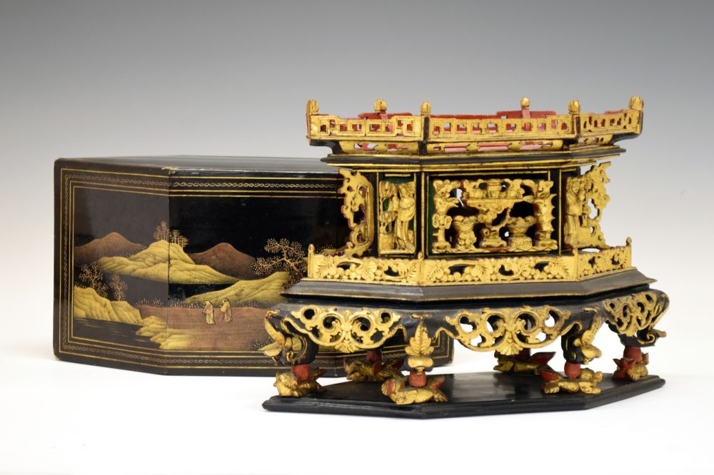 Late 19th or early 20th Century Chinese black lacquer and gilt model of a pagoda or pavilion, with