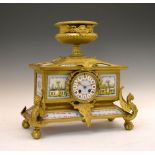 French porcelain-mounted gilt metal mantel clock, circa 1900, with 3.5-inch cellular Roman dial,