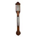 Late Victorian carved walnut stick barometer, anonymous, the white ceramic scale printed for 10am