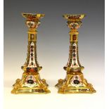 Pair of Royal Crown Derby Imari (1128) pattern candlesticks, date code XLII for 1980 beneath, 26.2cm