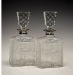 Asprey (retailer) - Pair of Elizabeth II silver-mounted cut glass decanters, of rectangular form,