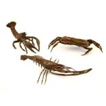 Three Japanese bronze models of sea-creatures, comprising; a lobster, shrimp and crab, largest (