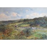 Charles Brooke Branwhite (1851-1929) - Watercolour - Two figures walking across a heath, signed