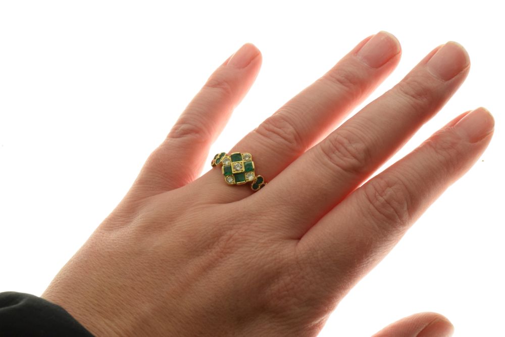 Diamond and emerald 18ct gold dress ring, the square head set with five Swiss cut diamonds and - Image 6 of 6