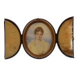 Late 19th Century portrait miniature on ivory - Young lady in a white dress, monogrammed EJR,
