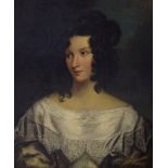 19th Century English School - Oil on canvas - Portrait of a lady in a white dress, 58cm x 49cm, in a