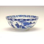 Chinese blue and white porcelain bowl, the interior with circular panel depicting a single figure in