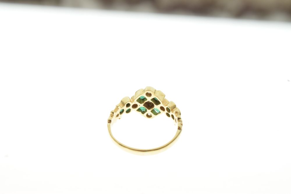 Diamond and emerald 18ct gold dress ring, the square head set with five Swiss cut diamonds and - Image 3 of 6