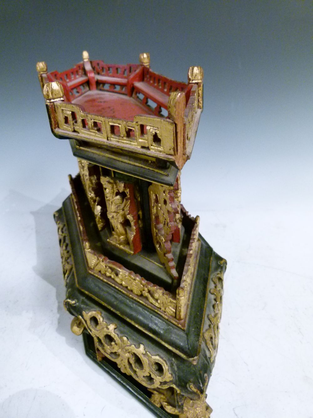 Late 19th or early 20th Century Chinese black lacquer and gilt model of a pagoda or pavilion, with - Image 8 of 11