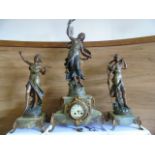 19TH CENTURY FRENCH SPELTER PAR" AUG MOREAU" & GREEN ONYX CLOCK GARNITURE 52CMS TALL ENAMEL DIAL(