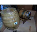 DECORATIVE STONEWARE BARREL & A OAK BRASS BOUND BARREL EST [£ 25- £45]