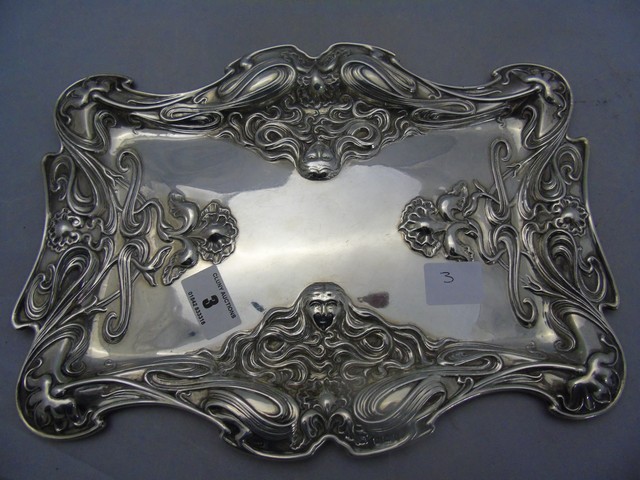 SILVER ART NOUVEAU DRESSING TABLE TRAY, BIRMINGHAM 1908 , FLORAL REPOUSSE DECORATION ,29 X 22 CM