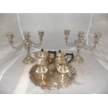 TRAY LOT SILVER PLATED TEA SERVICE & 2 CANDLEABRAS EST [£20- £30]