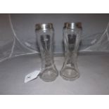 SILVER TOPPED CUT GLASS VASES PAIR 22CM HIGH EST[£20-£40]