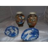 TWO SATSUMA VASES & TWO BLUE AND WHITE OVAL DISHES EST[£20-£40]