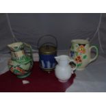 JASPER WARE BISCUIT BARREL & THREE POTTERY WATER JUGS EST [£20- £40]