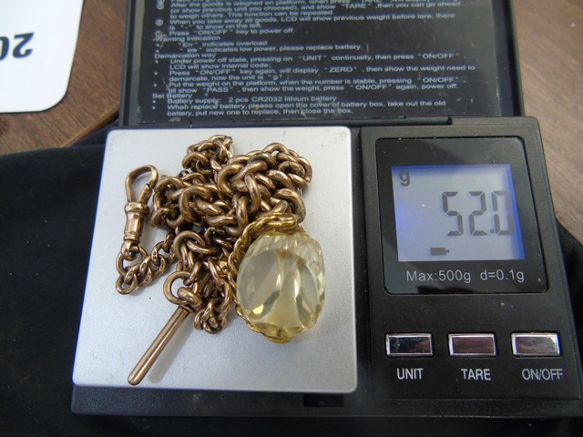 9CT GOLD 13" ALBERT WATCH CHAIN WITH T BAR AND CITRINE FOB 52.1GRMS EST[£600-£800] - Image 2 of 3