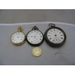 3X POCKET WATCHES GOLD PLATED, SILVER A/F AND 1 OTHER WHITE METAL EST [£20-£40]