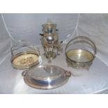 FOUR SILVER PLATED ITEMS SAMOVAR, ENTREE DISH ,& CAKE PLATES EST [£20- £40]