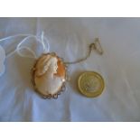 AN OVAL (4.0 X3.5 0 CM ) SHELL CAMEO BROOCH SET IN 9 CT OPEN WORK BORDER 8.8 GMS EST [£30- £60]