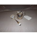 SMALL SILVER SIFTER SPOON & CREAM SILVER JUG OF SMALL PROPORTIONS EST [£20- £40]