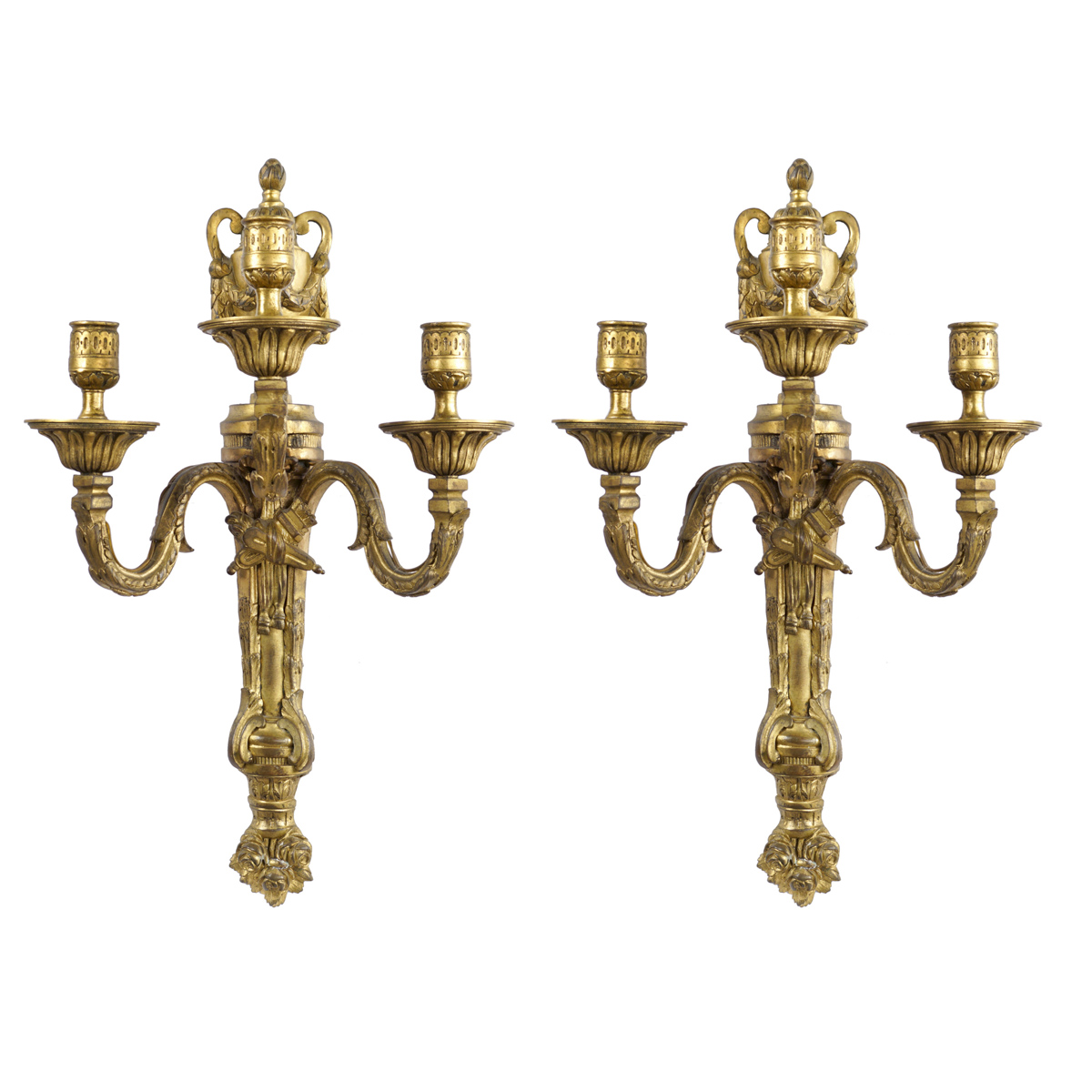 A pair of three lights gilt bronze appliques