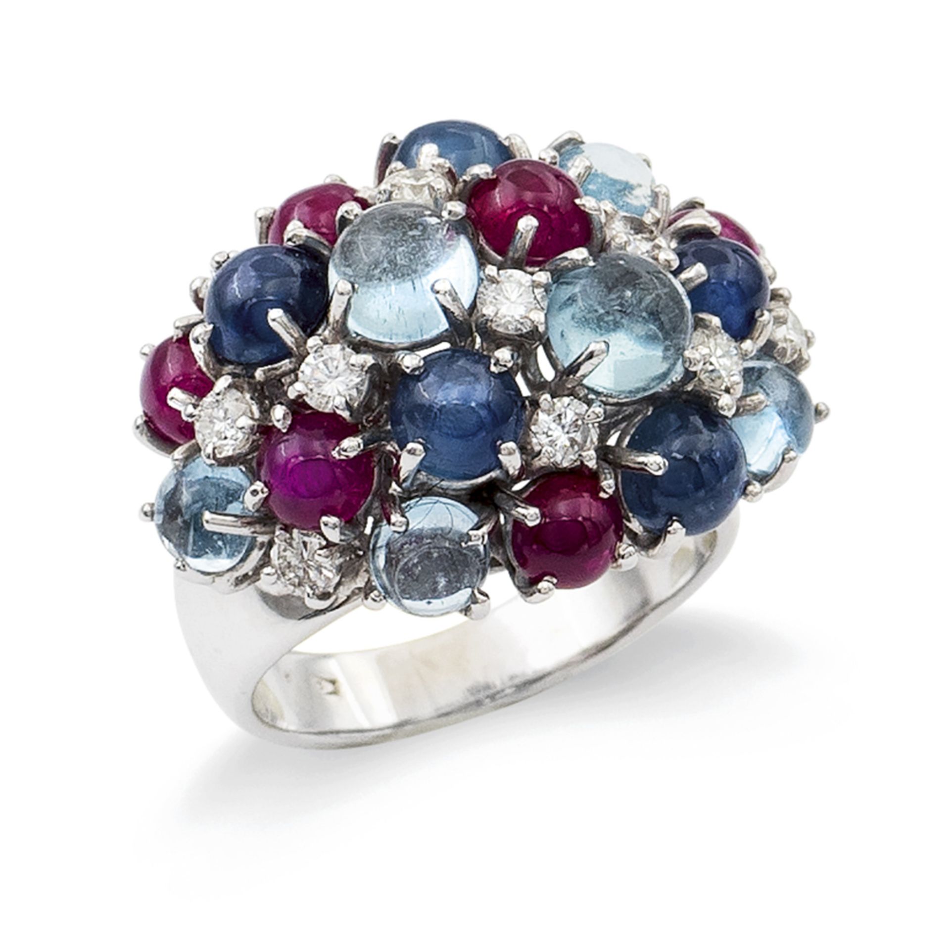 18kt white gold, rubies sapphires and aquamarines ring weigth 12 gr.