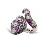 Silver, ruby and diamond snake ring weight 17 gr.