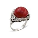 18kt white gold ring with red coral weight 10 gr.