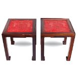 A pair of wood and lacquer tables Oriental manufacture, 19th-20th century 46x42x42