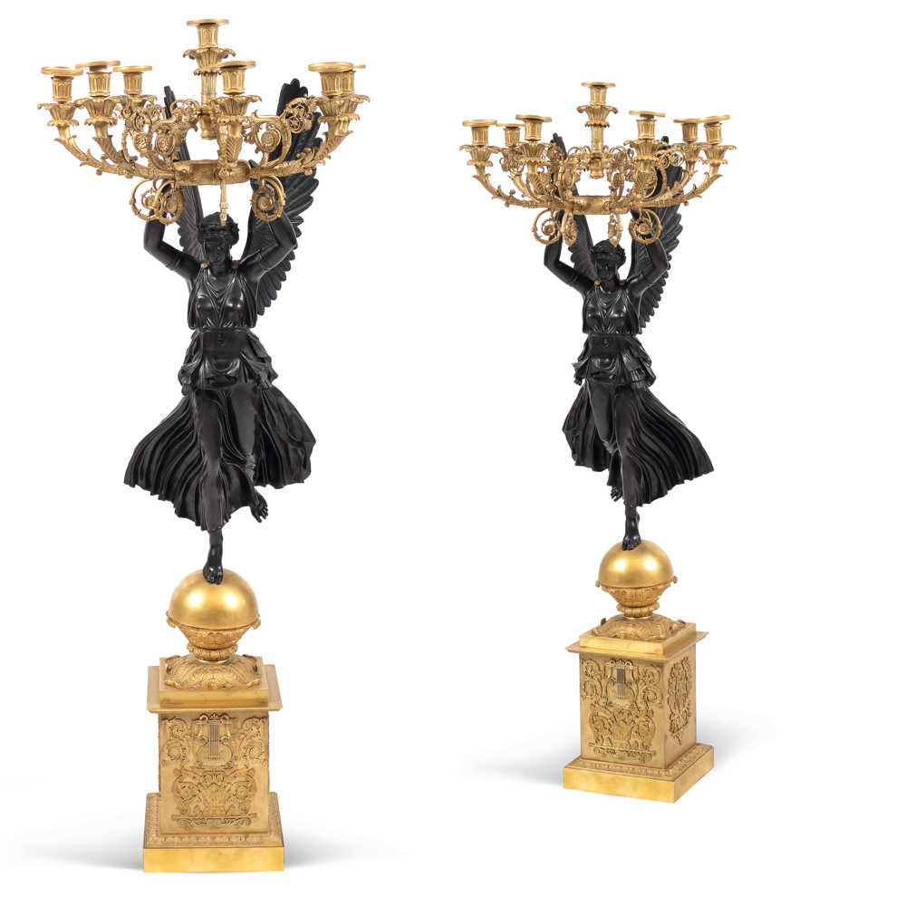 Pair of important gilt and burnished bronze candelabra France, late 19th century h. 134 cm.