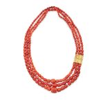 Three strands or red coral necklace signed Marco Bicego weight 140 gr.