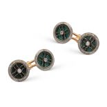 Round platinum, rose gold and green enamel cuff links 1930/40s weight 14,5 gr.