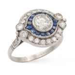 Platinum, diamond and sapphires Deco' ring weight 5 gr.