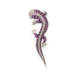 18kt white gold, pink sapphires and diamond geco brooch weight 20 gr.