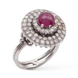 18kt white gold ring with cabochon ruby and diamonds 1940/50s weight 12 gr.