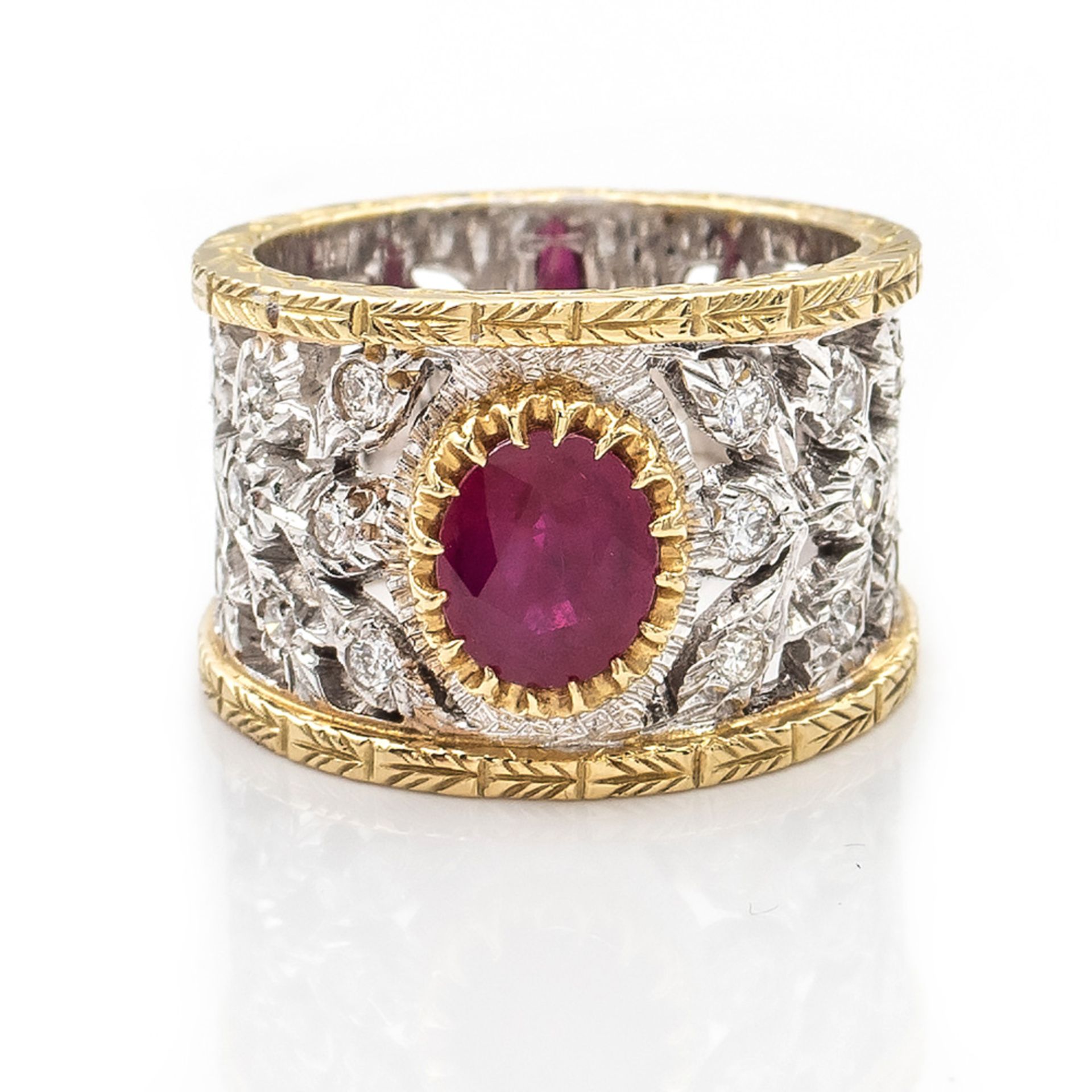 18kt yellow and white gold ring with natural oval ruby 1,60 ct weight 13,2 gr. - Image 2 of 2