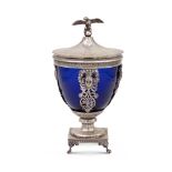 Silver and blue opal glass compote holder Italy, 20th century h. 20 cm. body chiseled with vegetal