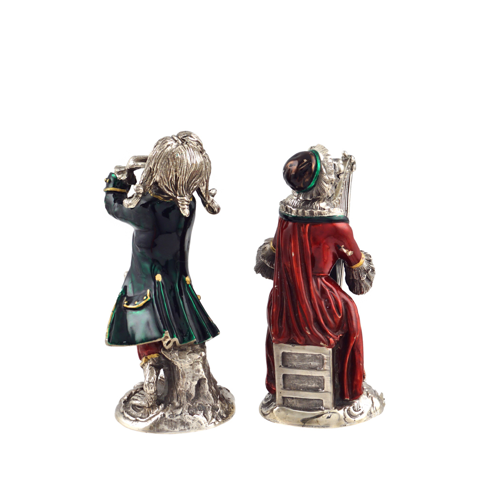 Pair of silver and polychrome enamel sculptures Italy, 20th century h. 11 cm. depicting musician - Image 2 of 2