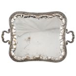 Two handled silver plated metal tray 20th century 70x52 cm. plain body with profiles and handles