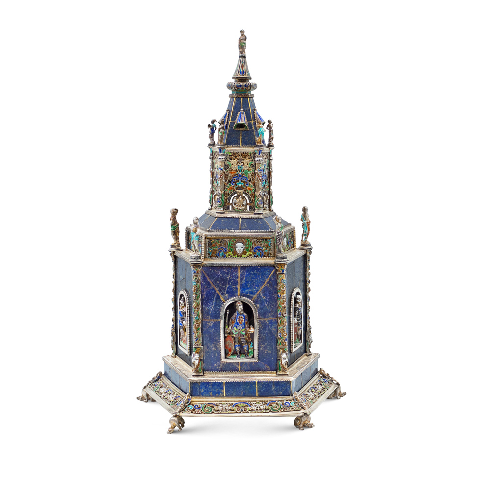 Lapis lazuli, silver and polychrome enamels sculpture Vienna, 19th century h. 37,5 cm. marks of