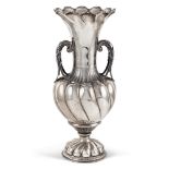 Silver vase Italy, 20th century h. 46 cm. baluster body, vegetal shaped handles, weight 1550 gr.