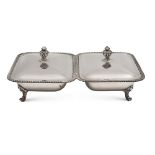Double silver plated metal vegetable dish Italy, 20th century 10x33x22 cm. plain body with shaped