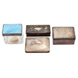 Group of silver boxes (4) different manufactures 8x5 cm. (maximum) wood, crystal and guilloché