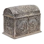 Silver jewelry box Germany, 19th century weight 536 gr. body inlaid with characters, 12x15x9,5 cm.
