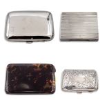 Group of silver and shell cigarette boxes (4) different manufactures total weight 418 gr. a)