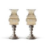 Pair of silver candlesticks Italy, 20th century h. 32 cm. colored glass diffusers, gross weight