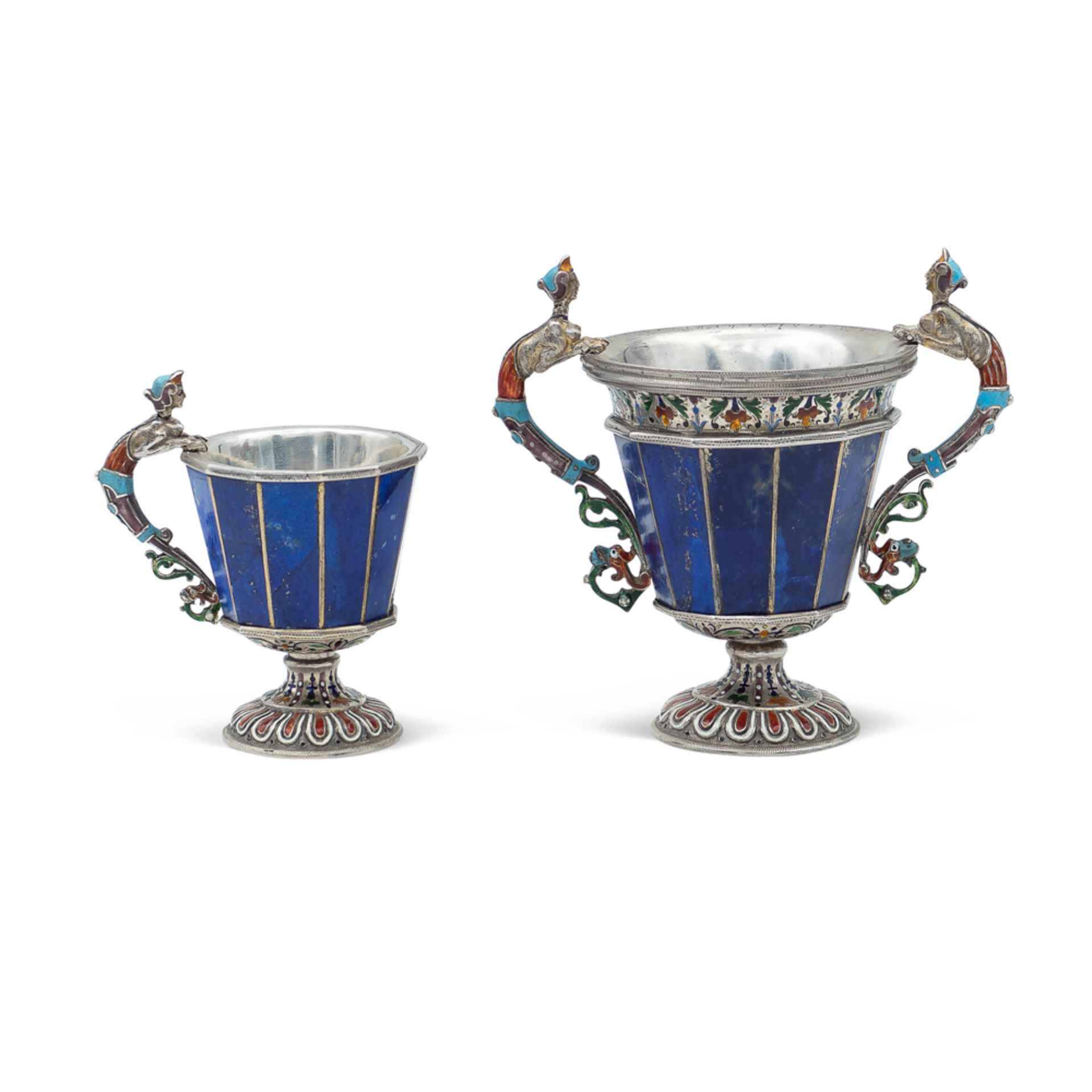 Two silver, lapis lazuli and polychrome enamel cups Vienna, 19th-20th century h. 12 and 19,5 cm.